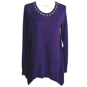 Vera Wang Sweater Women's Sz M Navy Blue Embellished Knit Long Sleeve Pullover